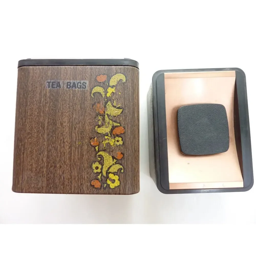 Vintage Kromex Copper Faux Wood Grain Floral Canisters Stackable MCM Kitchen Set